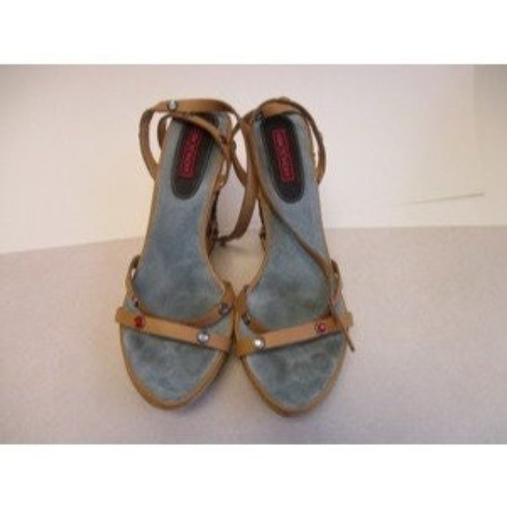 *Lisa and Vicky Wooden Wedge Blue Felt Jeweled Platforms
